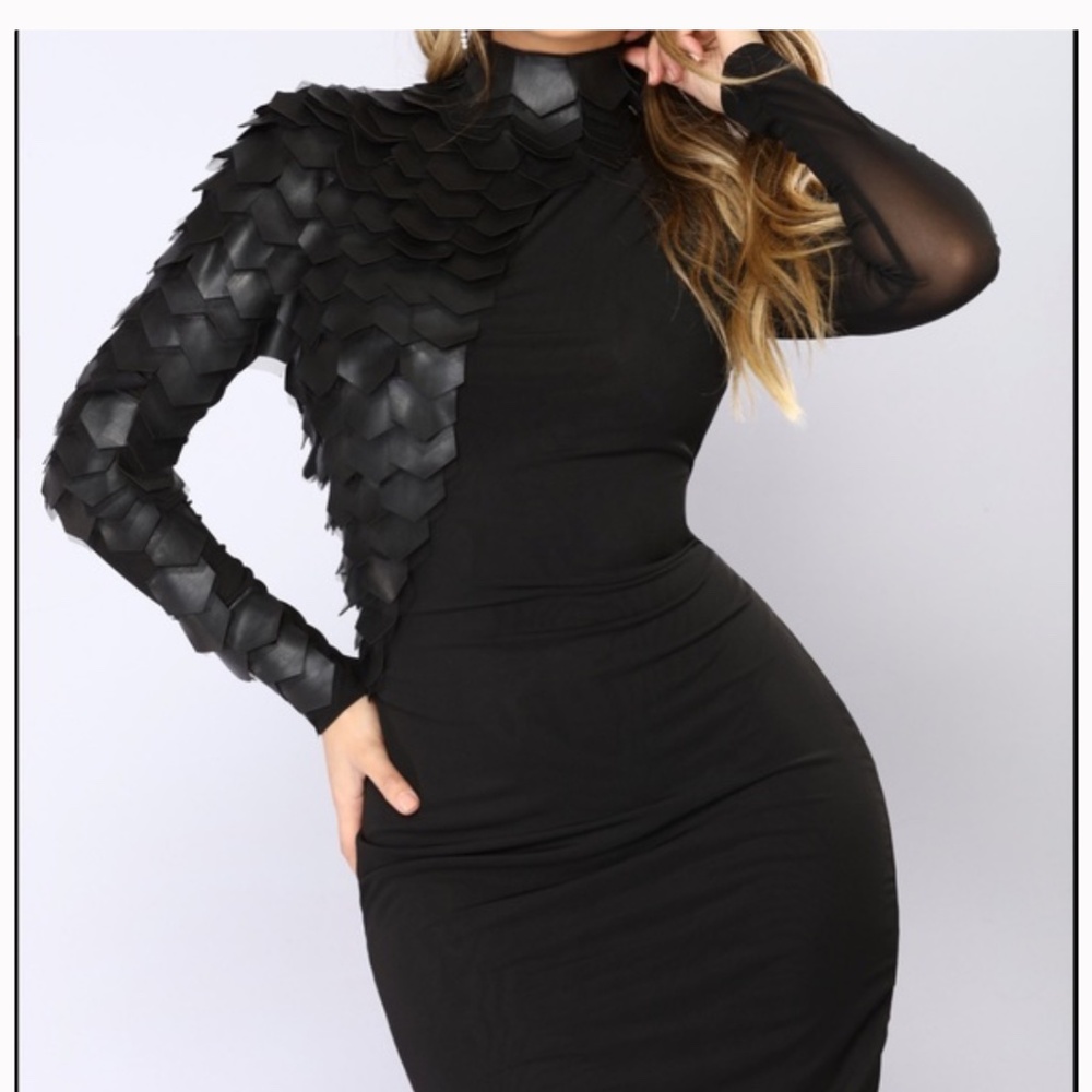 Sexy Long Sleeve Faux Leather Scale Midi Dress Small